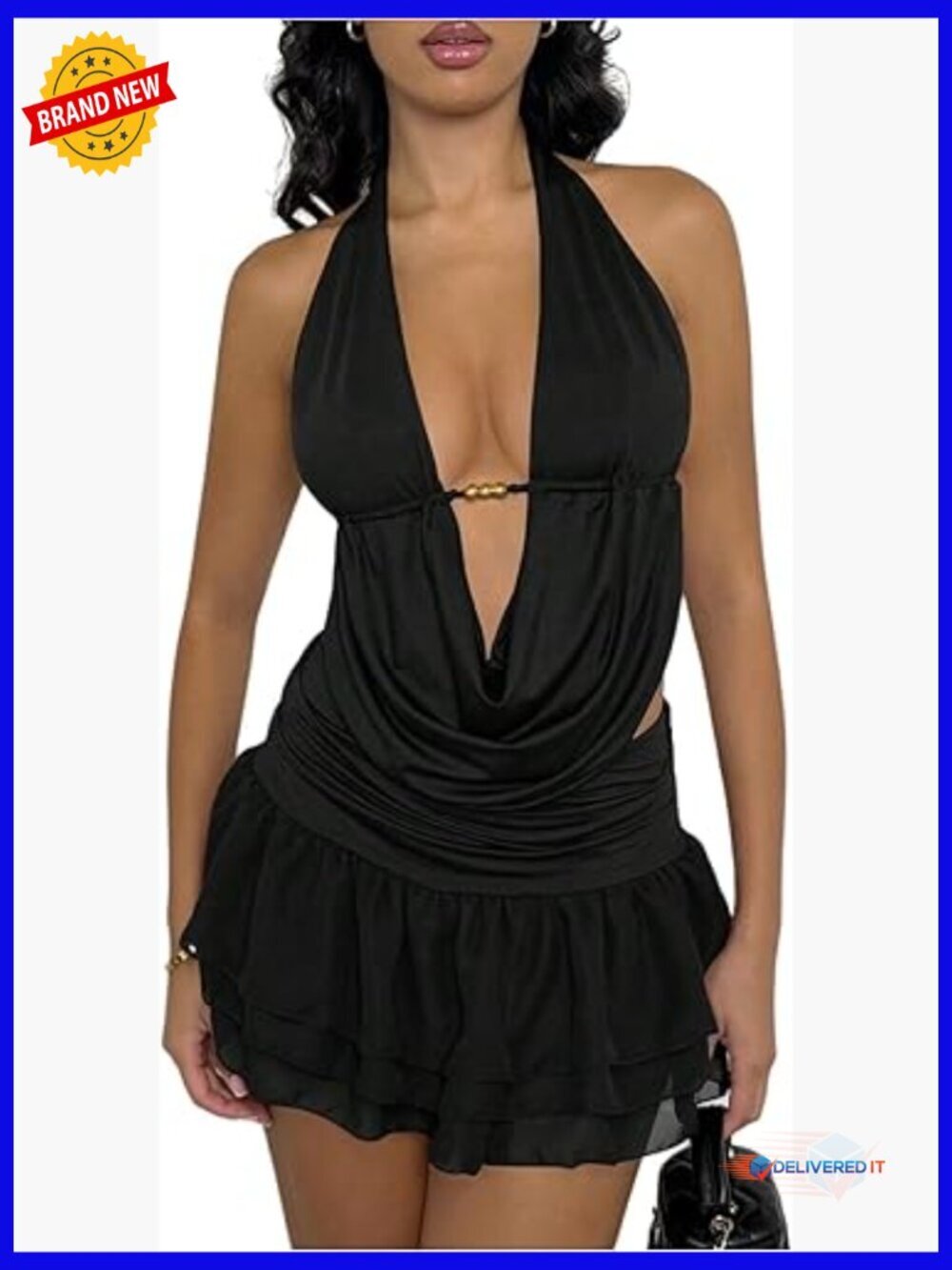 Women's Two Piece Outfit Deep V Halter Top Ruffle Mini Skirt Set